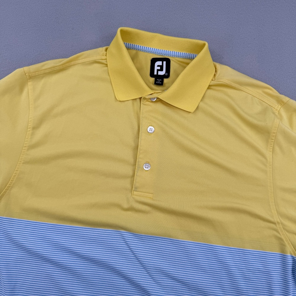 FootJoy Mens Golf Polo Shirt Yellow/Blue Striped Colorblock Performance Size M